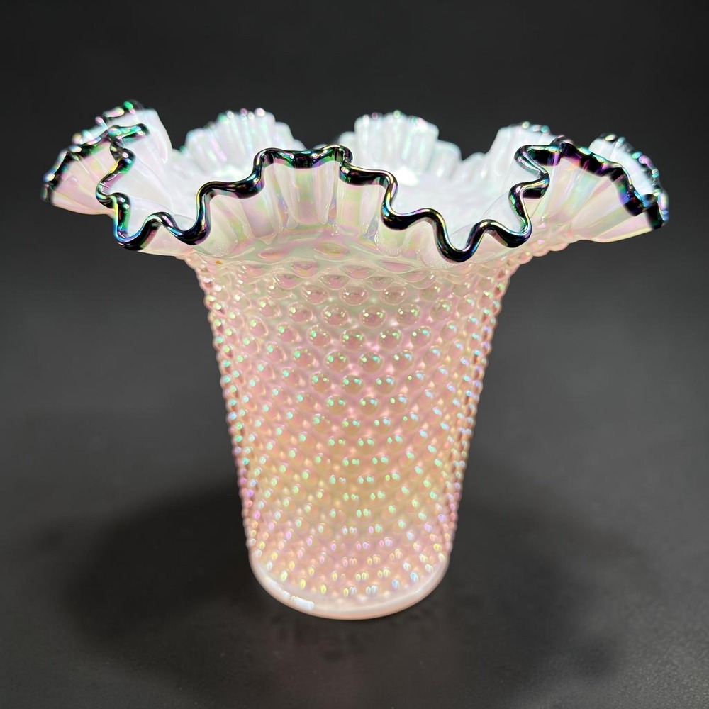 Fenton Museum co 2002 Pink Opalescent Hobnail Ruffled Vase Iridescent Crest